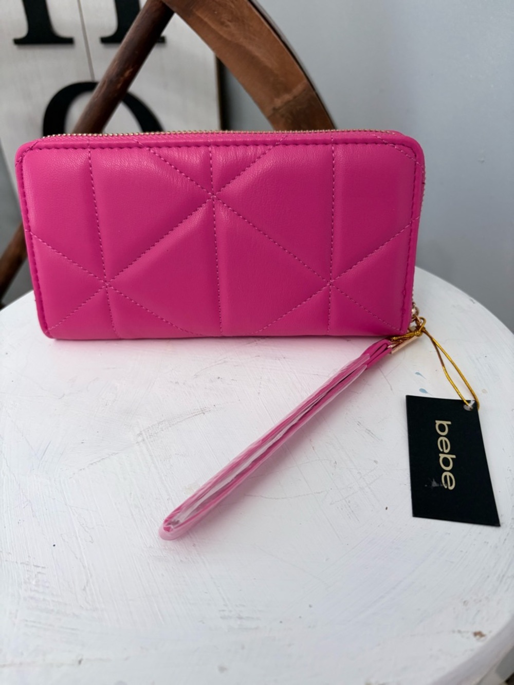 bebe Quilted Pink Wristlet Wallet with Crystal Logo NWT - Picture 3 of 5
